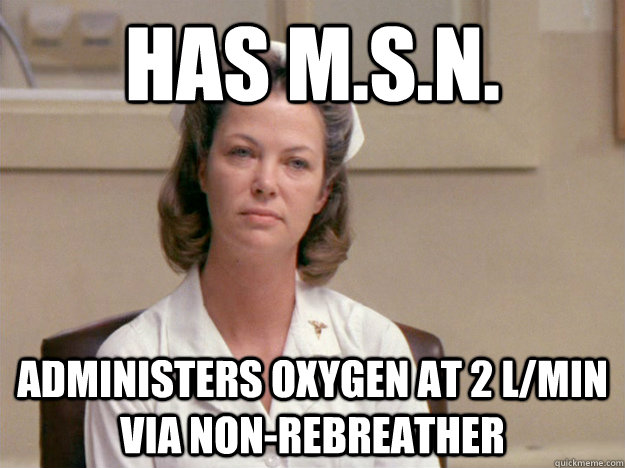 Has M.S.N. administers oxygen at 2 l/min via non-rebreather  Nursing Home RN