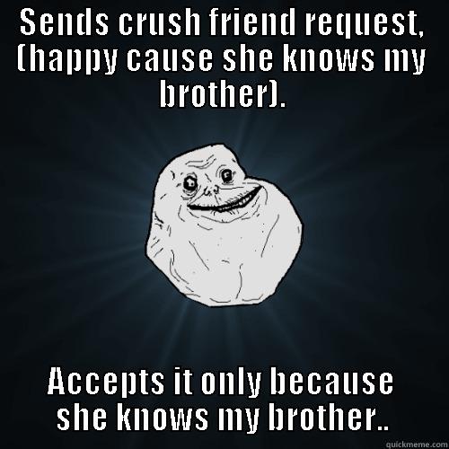 SENDS CRUSH FRIEND REQUEST, (HAPPY CAUSE SHE KNOWS MY BROTHER). ACCEPTS IT ONLY BECAUSE SHE KNOWS MY BROTHER.. Forever Alone