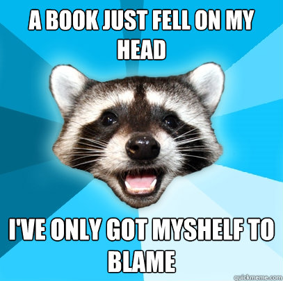 A BOOK JUST FELL ON MY HEAD I'VE ONLY GOT MYSHELF TO BLAME  Lame Pun Coon