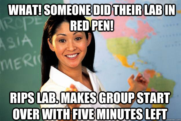 What! Someone did their lab in red pen! Rips Lab. Makes group start over with five minutes left  Unhelpful High School Teacher