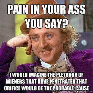 Pain in your ass you say? I would imagine the plethora of wieners that have penetrated that orifice would be the probable cause - Pain in your ass you say? I would imagine the plethora of wieners that have penetrated that orifice would be the probable cause  Condescending Wonka