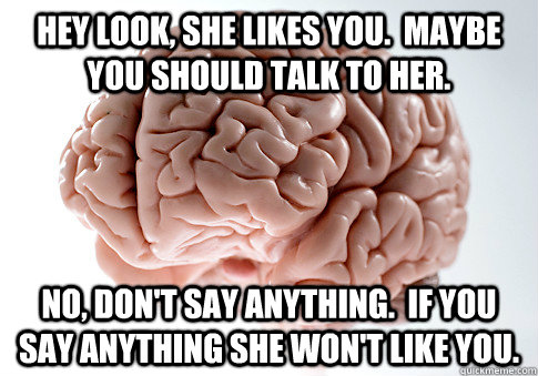 hey look, she likes you.  Maybe you should talk to her. No, don't say anything.  If you say anything she won't like you.  Scumbag Brain