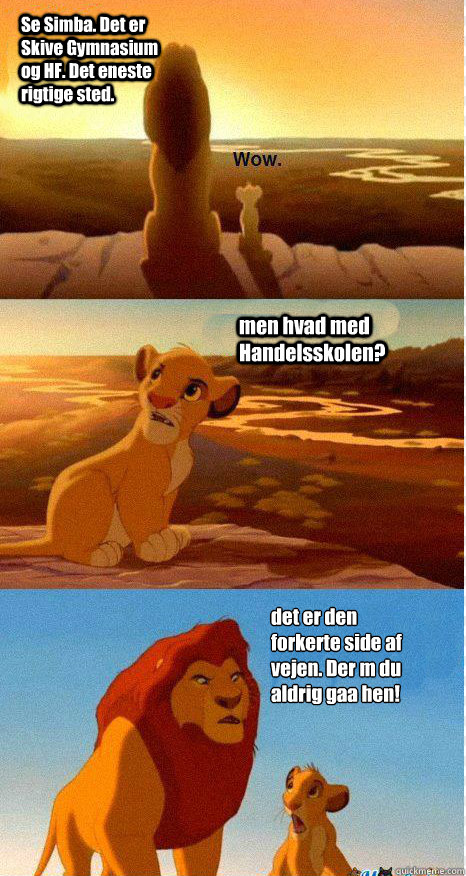 Se Simba. Det er Skive Gymnasium og HF. Det eneste rigtige sted. men hvad med Handelsskolen? det er den forkerte side af vejen. Der må du aldrig gaa hen!  Mufasa and Simba