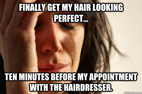 Finally get my hair looking perfect... ten minutes before my appointment with the hairdresser. - Finally get my hair looking perfect... ten minutes before my appointment with the hairdresser.  First World Problems