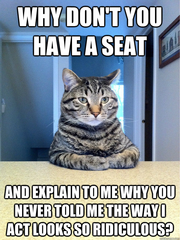 Why don't you have a seat And explain to me why you never told me the way I act looks so ridiculous?  Chris Hansen Cat