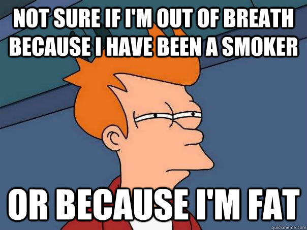 Not sure if I'm out of breath because I have been a smoker Or because I'm fat   Futurama Fry