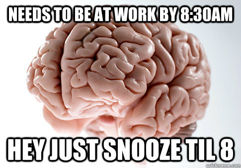 NEEDS TO BE AT WORK BY 8:30AM HEY JUST SNOOZE TIL 8  Scumbag Brain