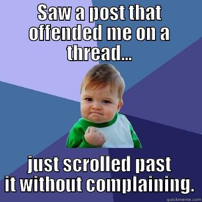 SAW A POST THAT OFFENDED ME ON A THREAD... JUST SCROLLED PAST IT WITHOUT COMPLAINING. Success Kid