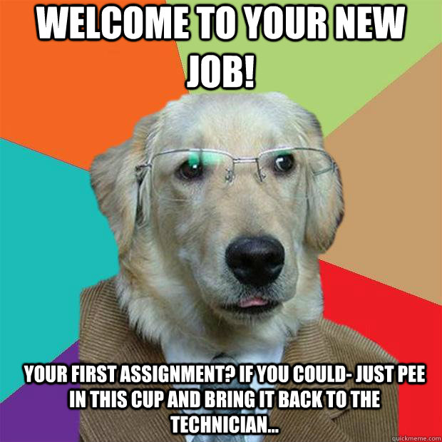 Welcome to your new job!  Your first assignment? If you could- just pee in this cup and bring it back to the technician...  Business Dog