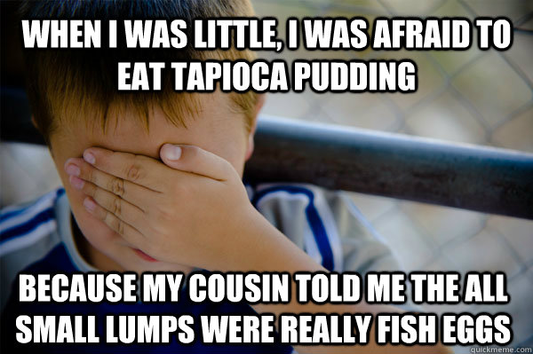 When I was little, I was afraid to eat tapioca pudding because my cousin told me the all small lumps were really fish eggs  Confession kid