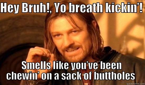 HEY BRUH!, YO BREATH KICKIN’!  SMELLS LIKE YOU’VE BEEN CHEWIN’ ON A SACK OF BUTTHOLES  Boromir