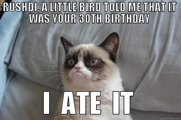 RUSHDI, A LITTLE BIRD TOLD ME THAT IT WAS YOUR 30TH BIRTHDAY I  ATE  IT Grumpy Cat