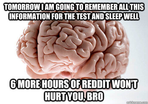 Tomorrow I am going to remember all this information for the test and sleep well 6 more hours of reddit won't hurt you, bro  Scumbag Brain