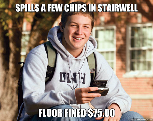 Spills a few chips in stairwell Floor fined $75.00  College Freshman