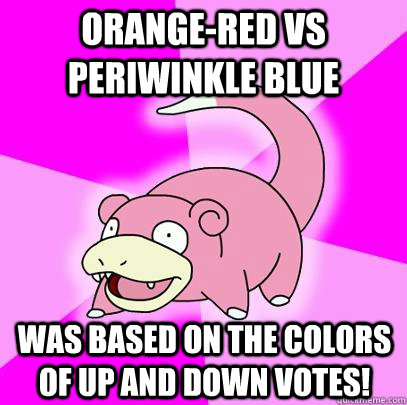 Orange-red vs Periwinkle blue was based on the colors of up and down votes!  Slowpoke