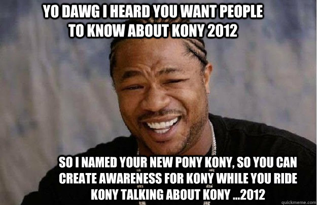 Yo dawg i heard you want people to know about Kony 2012 So I named your new pony kony, so you can create awareness for kony while you ride kony talking about kony ...2012  