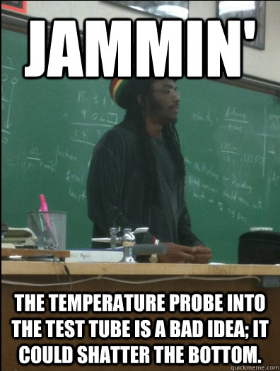 Jammin' the temperature probe into the test tube is a bad idea; it could shatter the bottom.  Rasta Science Teacher