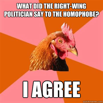 What did the right-wing politician say to the homophobe? i agree  Anti-Joke Chicken