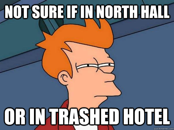 Not sure if in north Hall  Or in trashed hotel  Futurama Fry