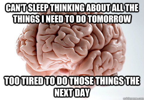 Can't sleep thinking about all the things i need to do tomorrow too tired to do those things the next day  Scumbag Brain