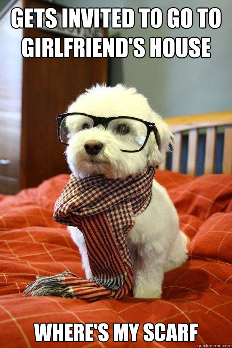 Gets invited to go to girlfriend's house Where's my scarf  Hipster Dog