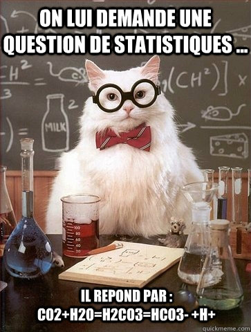 On lui demande une question de statistiques ... Il repond par : Co2+h2o=h2co3=hco3- +h+  Chemistry Cat