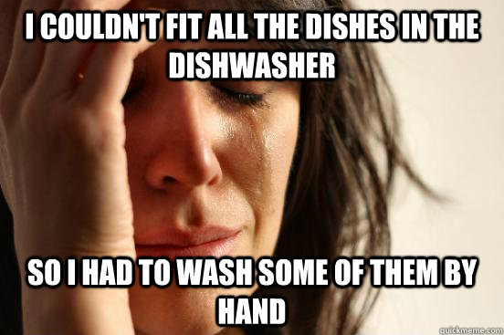 I couldn't fit all the dishes in the dishwasher so I had to wash some of them by hand - I couldn't fit all the dishes in the dishwasher so I had to wash some of them by hand  First World Problems