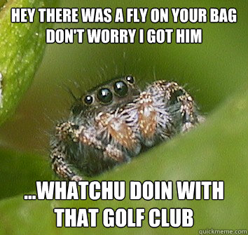 Hey there was a fly on your bag 
don't worry i got him ...whatchu doin with that golf club  Misunderstood Spider