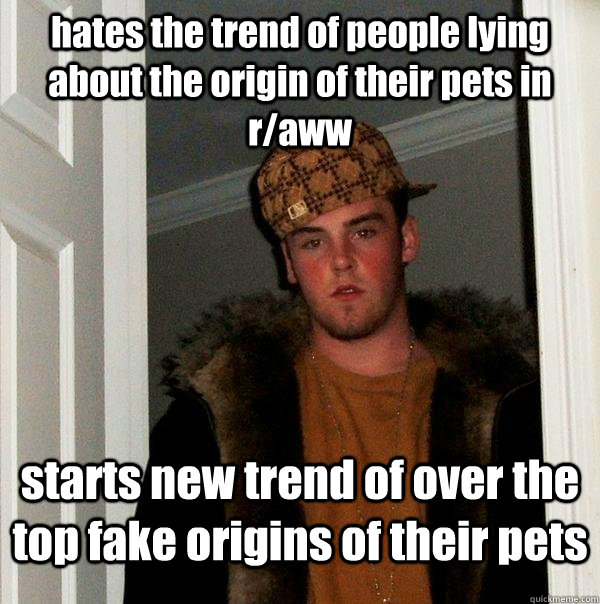 hates the trend of people lying about the origin of their pets in r/aww starts new trend of over the top fake origins of their pets  Scumbag Steve