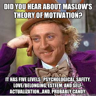 Did you hear about Maslow's Theory of Motivation? It has five levels:  Psychological, Safety, Love/Belonging, esteem, and self-actualization...and, probably candy. - Did you hear about Maslow's Theory of Motivation? It has five levels:  Psychological, Safety, Love/Belonging, esteem, and self-actualization...and, probably candy.  Condescending Wonka