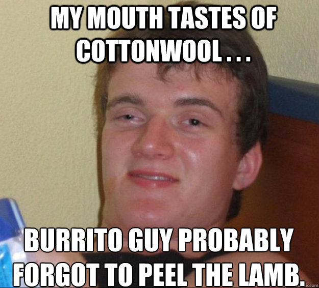 my mouth tastes of cottonwool . . . burrito guy probably forgot to peel the lamb.  10 Guy