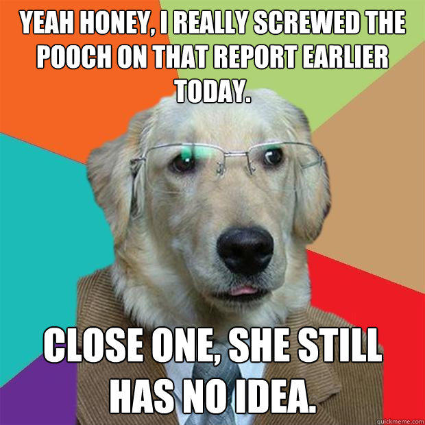 yeah honey, i really screwed the pooch on that report earlier today. close one, she still has no idea.  Business Dog