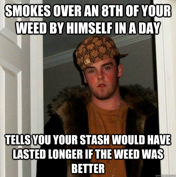 Smokes over an 8th of your weed by himself in a day tells you your stash would have lasted longer if the weed was better  Scumbag Steve