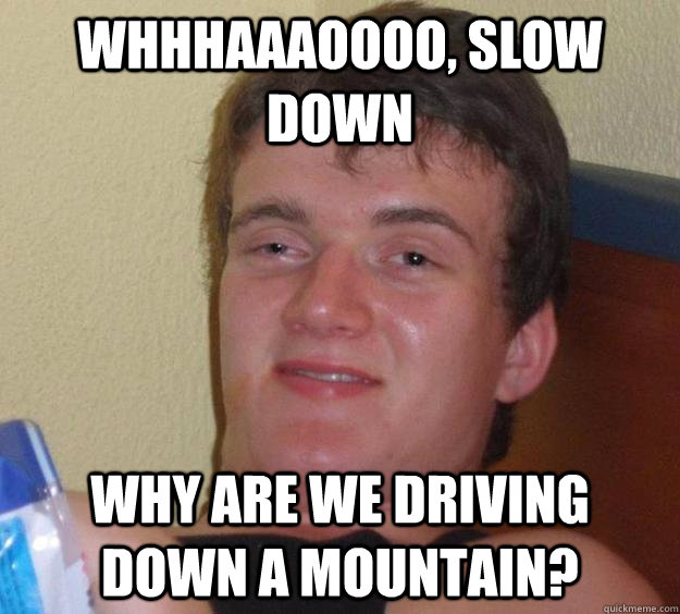 WHHHAAAOOOO, SLOW DOWN WHY ARE we driving down a mountain?  10 Guy