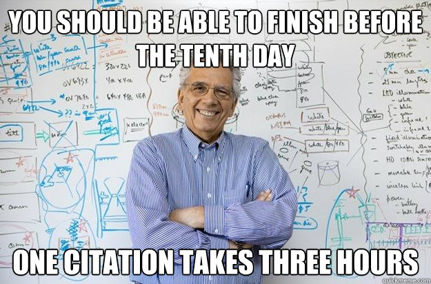 You should be able to finish before the tenth day One citation takes three hours  Engineering Professor