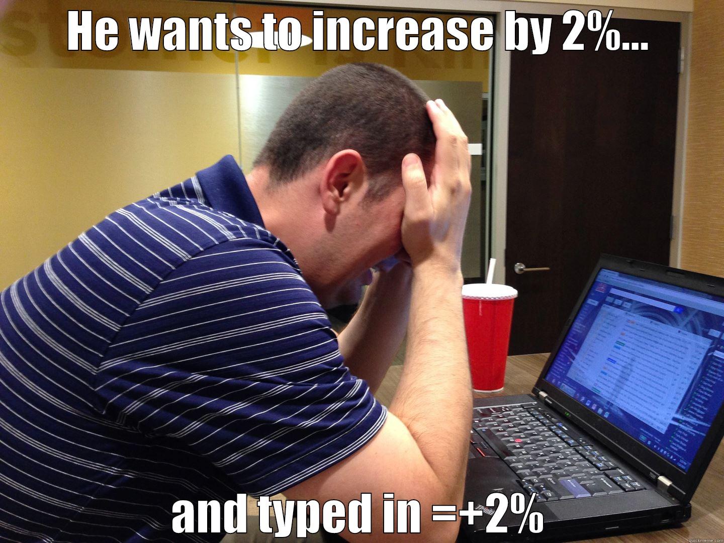 Excel Hell - HE WANTS TO INCREASE BY 2%... AND TYPED IN =+2% Misc