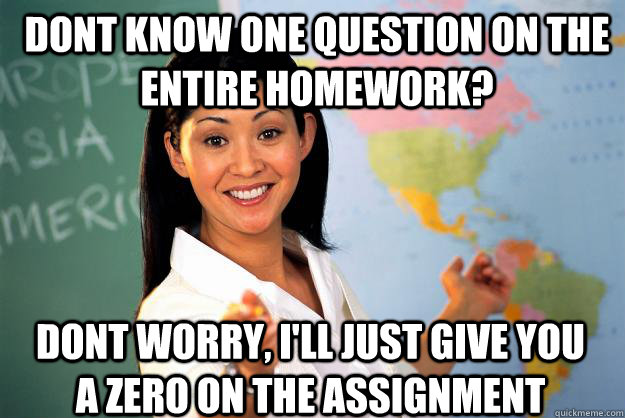 Dont know one question on the entire homework? Dont worry, i'll just give you a zero on the assignment - Dont know one question on the entire homework? Dont worry, i'll just give you a zero on the assignment  Unhelpful High School Teacher