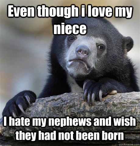 Even though i love my niece I hate my nephews and wish they had not been born  Confession Bear