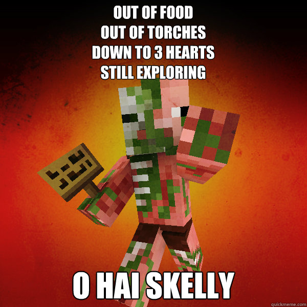 Out of food
Out of Torches
Down to 3 hearts
Still exploring O hai skelly  Zombie Pigman Zisteau