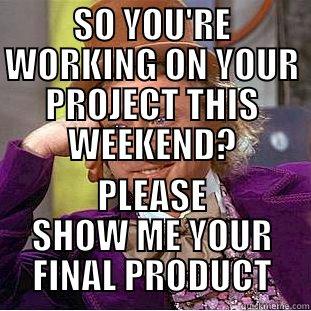 SO YOU'RE WORKING ON YOUR PROJECT THIS WEEKEND? PLEASE SHOW ME YOUR FINAL PRODUCT Condescending Wonka