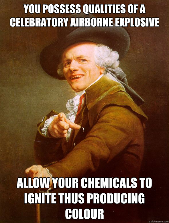 You possess qualities of a celebratory airborne explosive allow your chemicals to ignite thus producing colour  Joseph Ducreux