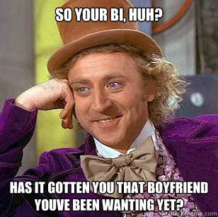 So your bi, huh? has it gotten you that boyfriend youve been wanting yet?  Condescending Wonka