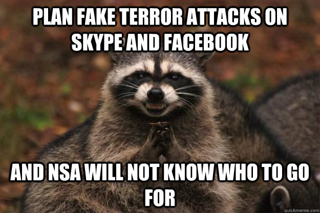 Plan fake terror attacks on skype and facebook And NSA will not know who to go for - Plan fake terror attacks on skype and facebook And NSA will not know who to go for  Evil Plotting Raccoon