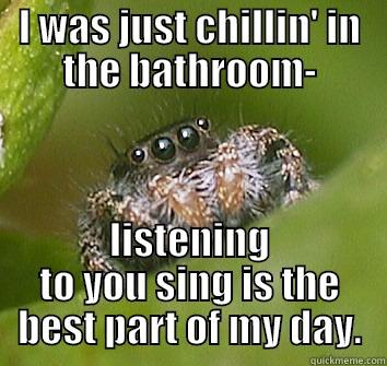 Bathroom spider - I WAS JUST CHILLIN' IN THE BATHROOM- LISTENING TO YOU SING IS THE BEST PART OF MY DAY. Misunderstood Spider