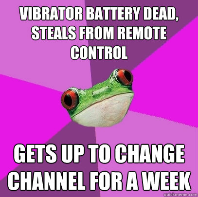 vibrator battery dead, steals from remote control gets up to change channel for a week  Foul Bachelorette Frog