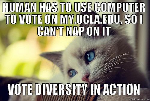 Sad cat vote - HUMAN HAS TO USE COMPUTER TO VOTE ON MY.UCLA.EDU, SO I CAN'T NAP ON IT VOTE DIVERSITY IN ACTION First World Problems Cat