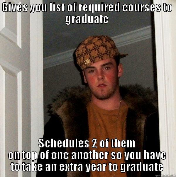 GIVES YOU LIST OF REQUIRED COURSES TO GRADUATE SCHEDULES 2 OF THEM ON TOP OF ONE ANOTHER SO YOU HAVE TO TAKE AN EXTRA YEAR TO GRADUATE Scumbag Steve