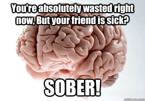 You're absolutely wasted right now, But your friend is sick? SOBER!   Scumbag Brain