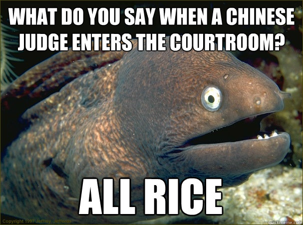 WHAT DO YOU SAY WHEN A CHINESE judge enters the courtroom? all rice  Bad Joke Eel