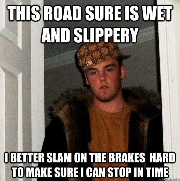 This road sure is wet and slippery I better slam on the brakes  hard to make sure I can stop in time  Scumbag Steve